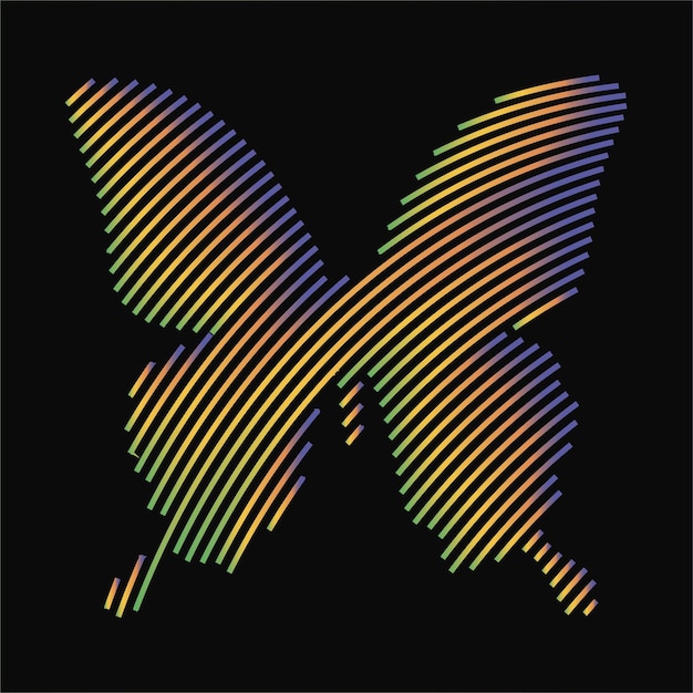 Unusual abstract butterfly logo vector illustration, rainbow stripes lines on black background,