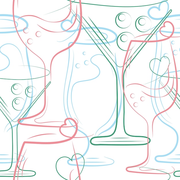 unusual seamless pattern with various cocktail glasses drawn in line art style superimposed