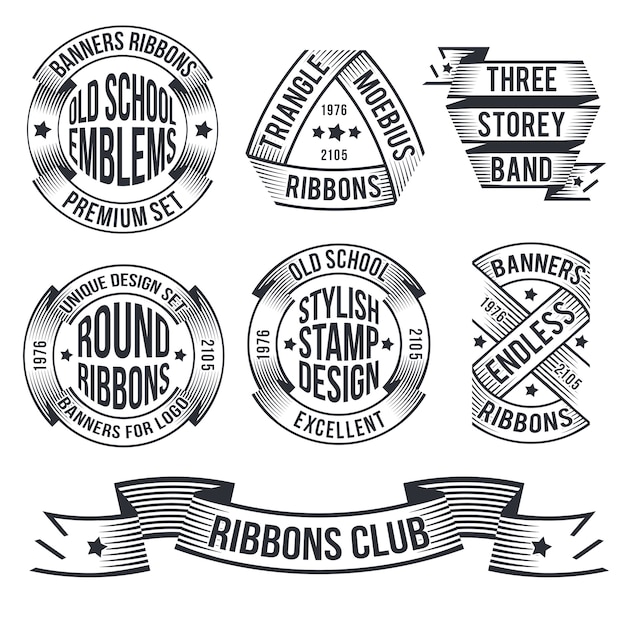 Unusual vintage banners in the style of engraving or stamp, for emblems. Endless, round, arched ribbons for logo.