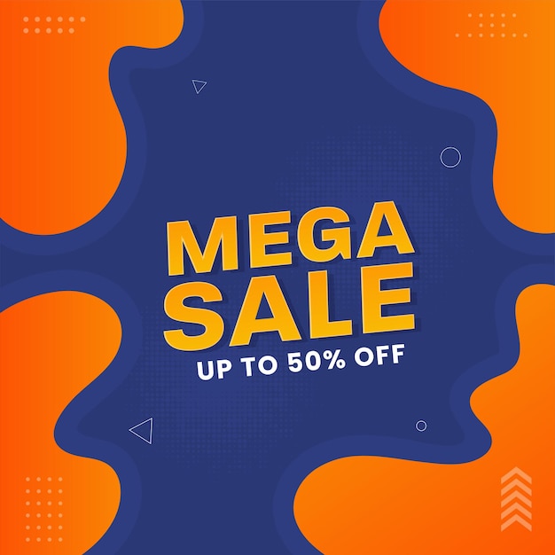 UP TO 50% Off For Mega Sale Poster Design In Orange And Blue Color.