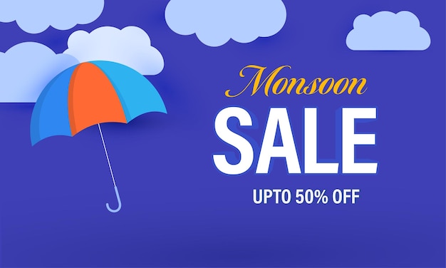 UP TO 50 Off For Monsoon Sale Banner Design With Clouds And Umbrella Illustration