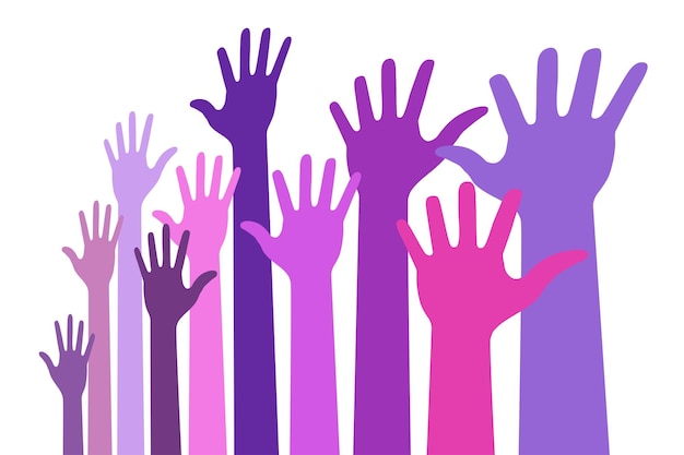 Up hands bright colorful distort icon Raised hands in perspective Vector logo Violet pink colors