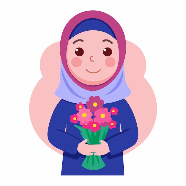 An upbeat Muslim woman wearing a hijab holding a bunch of flowers A happy Muslim girl holding a bouquet of flowers Simple and minimalist flat Vector Illustration