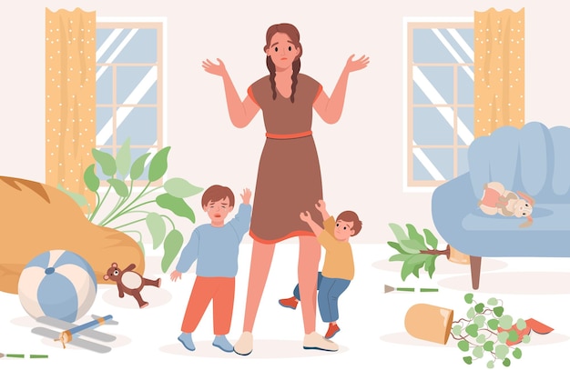 Upset and confused mother with kids illustration