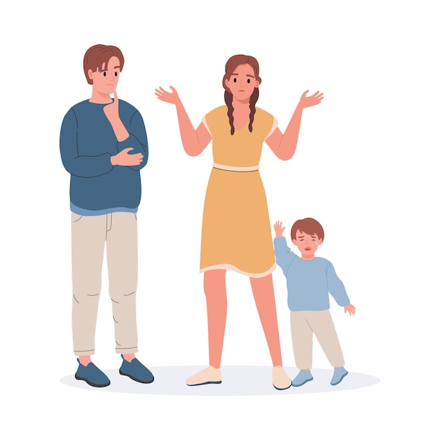 Upset and confused parents and crying little boy flat illustration