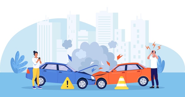 Upset drivers standing near crashed cars. Road traffic accident. Car crash on the road. Vehicle is broken in the city. Smashed auto on highway. Collision of vehicles, wreck. Automobile damaged