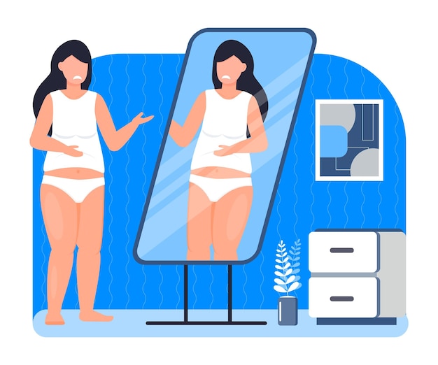 Upset and fat girl is looking in mirror Obesity concept vector Depression mental disorder problems Starting a diet illustration Overweight woman is unhappy with her reflection in mirror