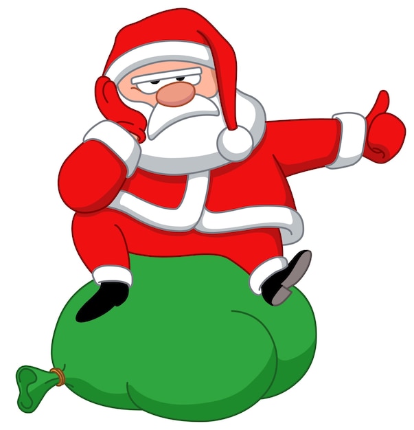 Vector upset santa claus sitting on a bag of presents and hitchhiking