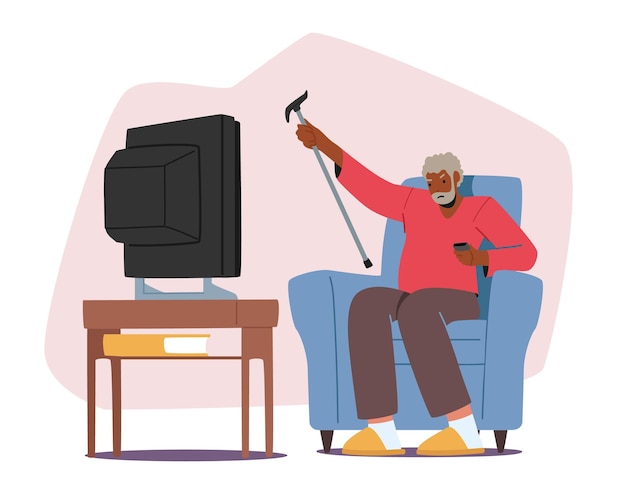 Upset Senior Man Watching Tv Waving Cane Angry Dissatisfied Elderly Male Character Sitting on Armchair Watch Bad News