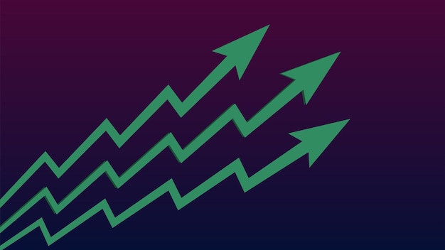 Vector upward trend three green arrows on dark purple background market or economy growth symbol news banner vector