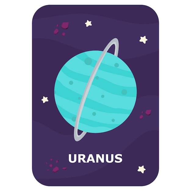 Vector uranus vector space flash card english language game with cute astronaut rocket planet comet alien for kids astronomy flashcards with funny characters simple educational printable worksheet