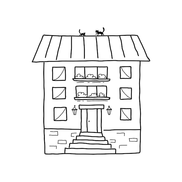 Urban apartment building with balconies and a cat on the roof. Vector illustration in the style of s