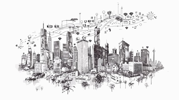 Urban Business District with Handdrawn Wireless Technologies