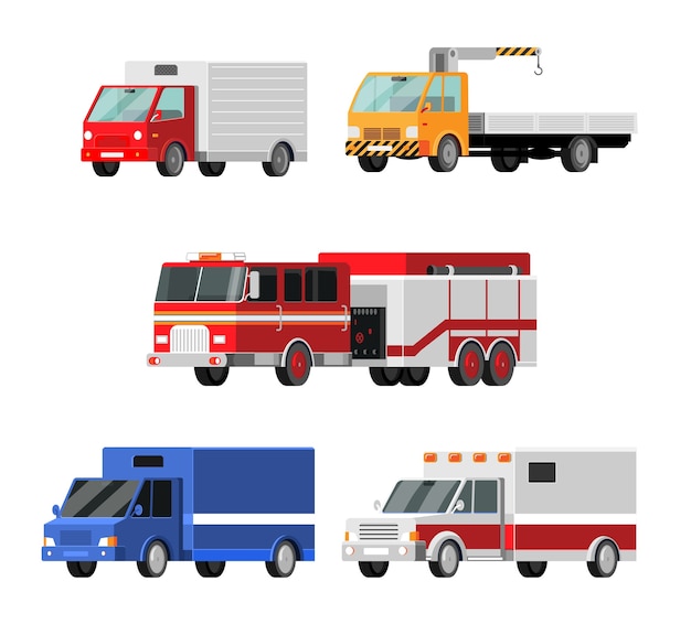 Urban, city cars vector icons set. Ambulance, fire truck, mail truck, tow truck, crane, truck, lorry illustration Cartoon style