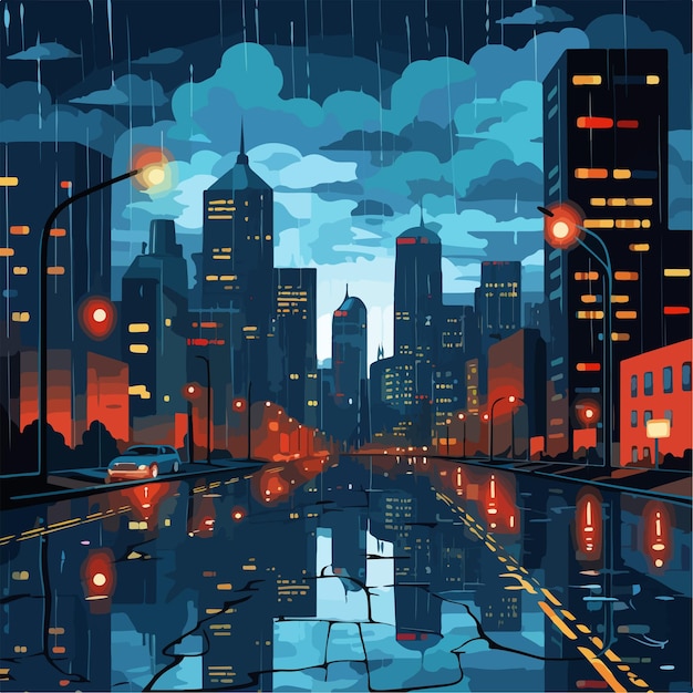 Vector urban city illustration with rain in dark sky