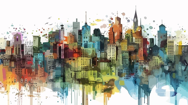 Vector urban cityscape in handdrawn vector art style with modern mixed media elements