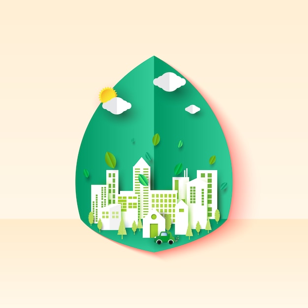 Urban cityscape with green leaf background