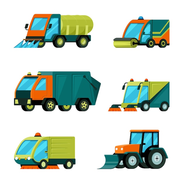 Urban cleaning cars city harvesting machines trucks with garbage containers tractors Vector cartoon vehicles