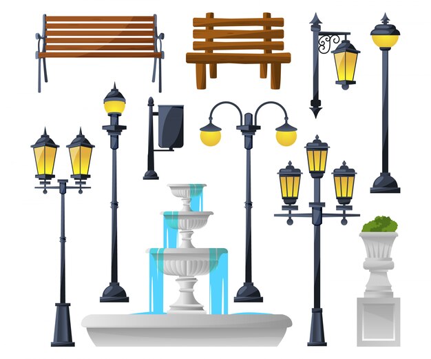 Vector urban elements set. street lamps, fountain, park benches and wastebaskets. 