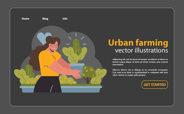 Vector urban farming concept joyful woman tending to her city garden nurturing plants in a modern