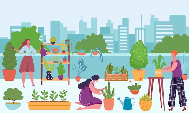 Vector urban gardening, people growing and watering plants outside. vector garden growing, gardening and farming city illustration