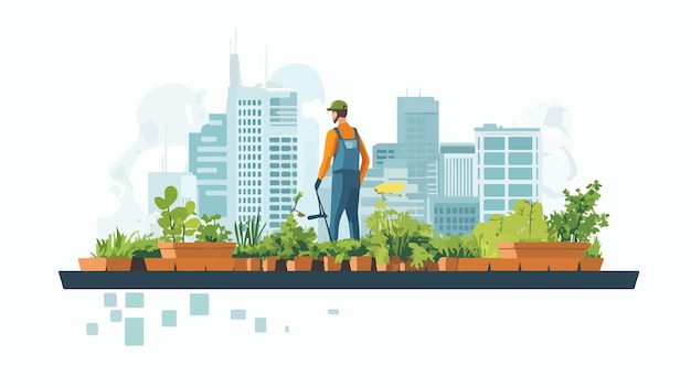 Vector urban gardening on rooftop with cityscape vector illustration