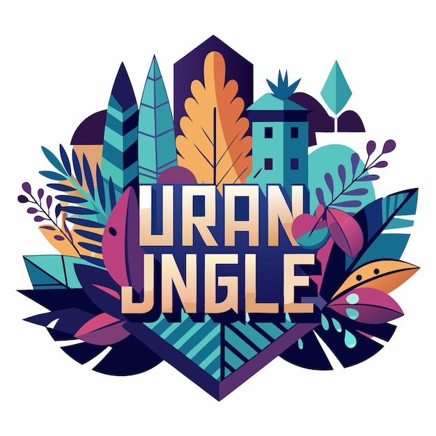 Urban jungle abstract design geometric shapes building foliage leaves green blue purple orange