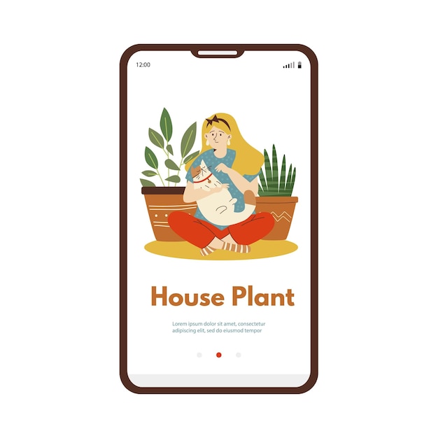 Urban jungle concept of mobile onboarding page with cute woman character at backdrop of beautiful ho