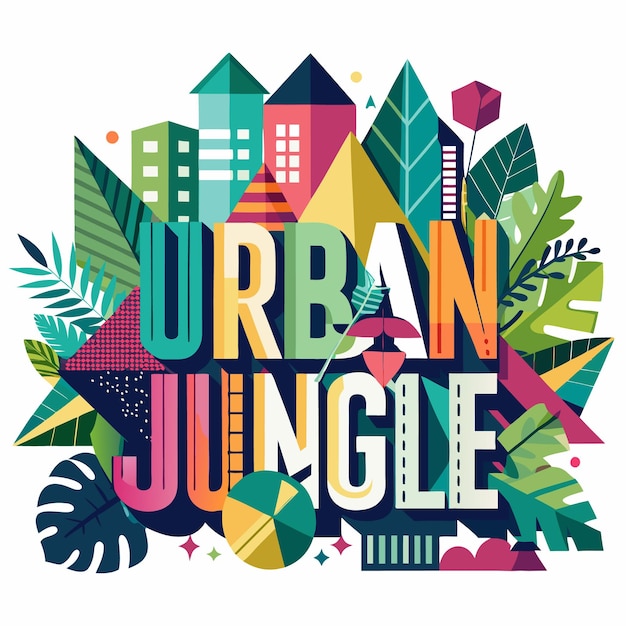 Urban Jungle Illustration with Buildings and Plants