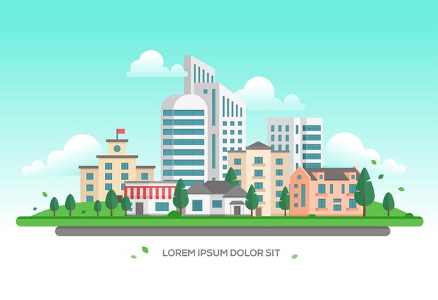 Urban landscape - modern vector illustration with place for text. Lovely town or city with skyscrapers and small low storey buildings and houses, trees, clouds in the sky