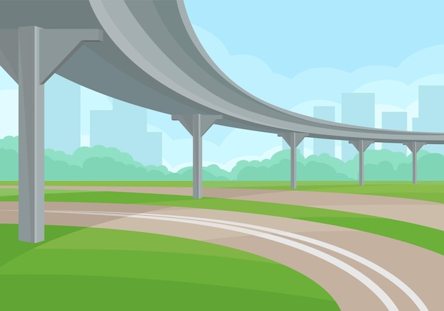 Vector urban landscape with overpass road and green grass highrise buildings and bushes on background flat