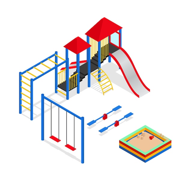 Urban Outdoor Playground Elements Set Isometric View Park Square for Leisure Kids.  illustration