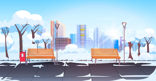 Urban park with wooden benches in winter season cityscape background horizontal vector illustration