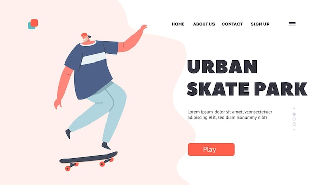 Urban Skate Park Landing Page Template Mature Man in Modern Clothing and Cap Jumping on Skateboard