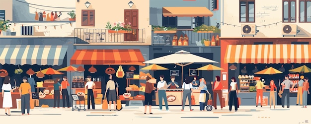 Vector urban street market with diverse vendors and goods vector flat minimalistic isolated illustration