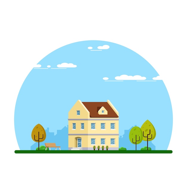 Urban and Suburban Townhouse Modern Building. Real Estate Concept Banner. Flat Style Illustration