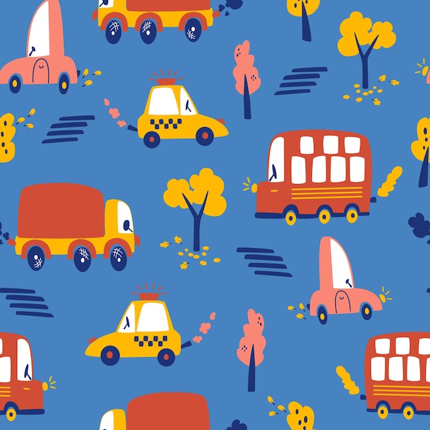 Urban transport seamless pattern. Autumn trees, Various cars, taxi. Hand draw Kids background of city transport on a dark blue background. For print, wallpaper, fabric, fashion textile. Vector