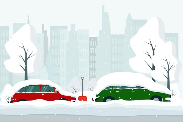 Vector urban winter landscape with cars in a snowdrift.  the city was covered with a big snowfall.