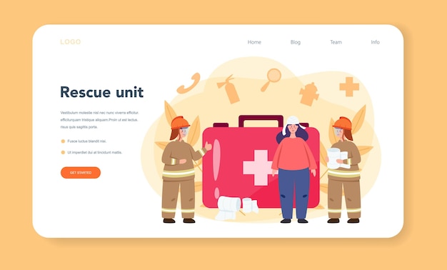 Vector urgency rescuer help web template or landing page. ambulance lifeguard in uniform assisting first aid to injured person.