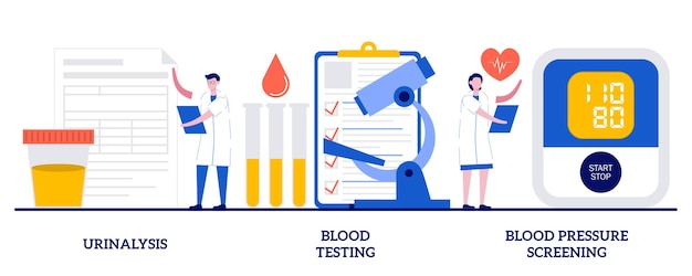 Urinalysis, blood testing, blood pressure screening. Set of clinical laboratory analysis