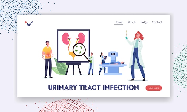 Vector urinary tract infection, uti landing page template. tiny doctors and patient characters at huge anatomical poster with internal urinal organs bladder and kidneys. cartoon people vector illustration