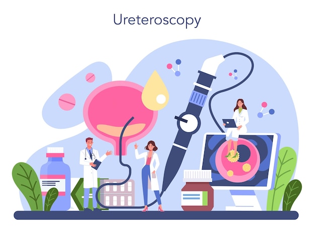 Urologist concept Idea of kidney and bladder treatment hospital urology care Ureteroscopy internal human organ check Vector illustration in cartoon style