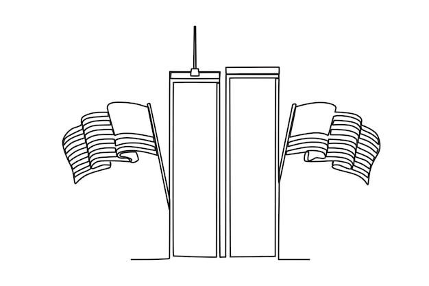 The US flag and the WTC tower are in the middle 911 oneline drawing