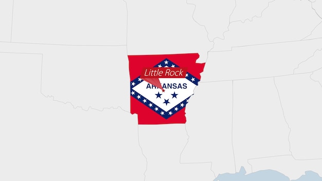 US State Arkansas map highlighted in Arkansas flag colors and pin of country capital Phoenix