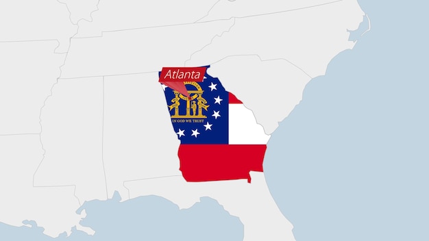 US State Georgia map highlighted in Georgia flag colors and pin of country capital Atlanta