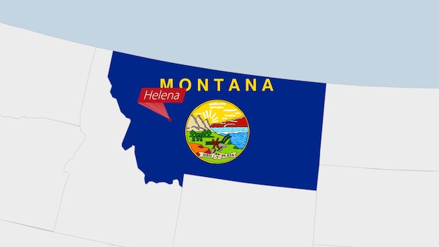 US State Montana map highlighted in Montana flag colors and pin of country capital Helena