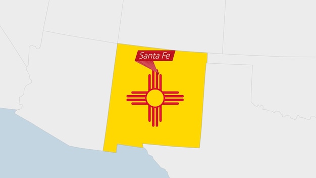 US State New Mexico map highlighted in New Mexico flag colors and pin of country capital Santa Fe