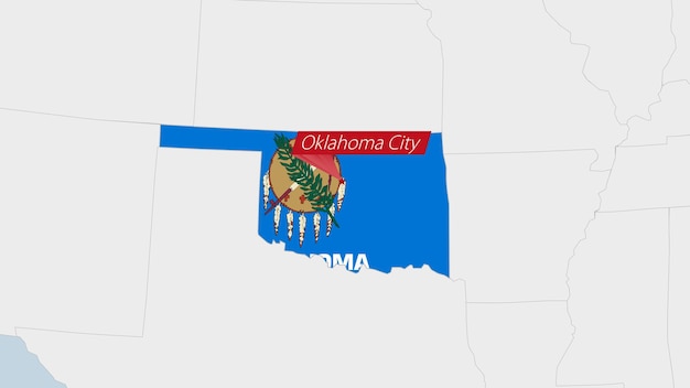 US State Oklahoma map highlighted in Oklahoma flag colors and pin of country capital Oklahoma City