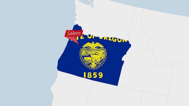 US State Oregon map highlighted in Oregon flag colors and pin of country capital Salem