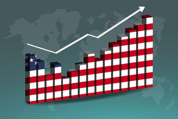 USA 3D bar chart graph with ups and downs increasing values upward rising arrow on data